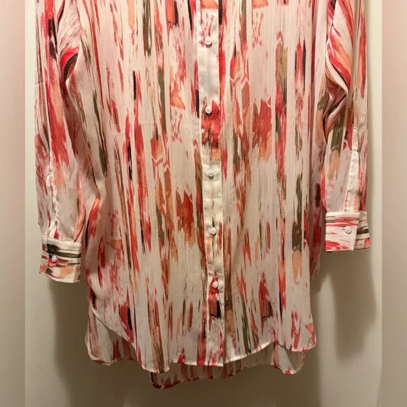 DKNY Women’s Sheer Abstract Chiffon Red and White Patterned Shirt Size L - Picture 2 of 9